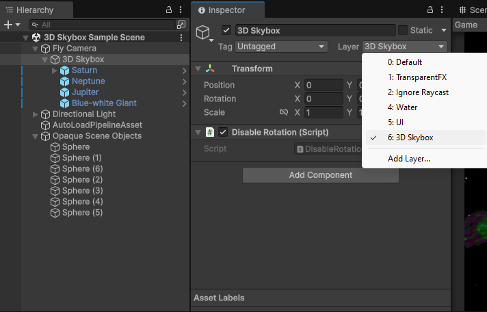 3D Skybox Inspector Layer Selection